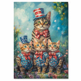Patriotic Bengal Cat Family Oil Painting Featuring a Mother Cat and Three Kittens in Stars and Stripes Outfits and Top Hats on Ready to Hang 1.5" Thick Canvas Wrap, Floating Framed Canvas, Flat Rolled Canvas